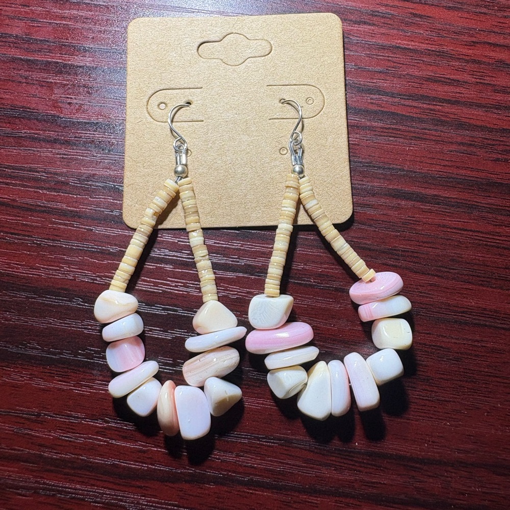 Navajo Strung Pink Conch & Shell Beads Dangle Earrings